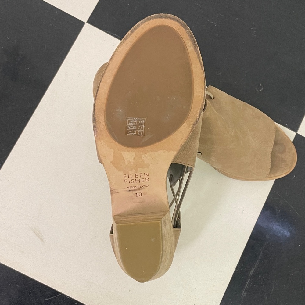 Eileen Fisher Booties Sandals Peep Toe Size 10 leather tan neutral chunky - Picture 4 of 5